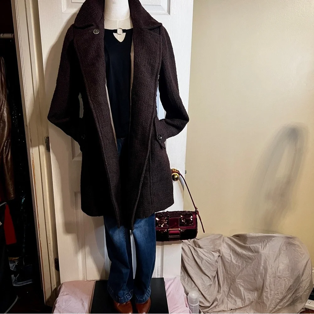 Old Navy Y2K Fall 2010 Chocolate Brown Wool Blend Tweed Boucle Midi Peacoat‎ L